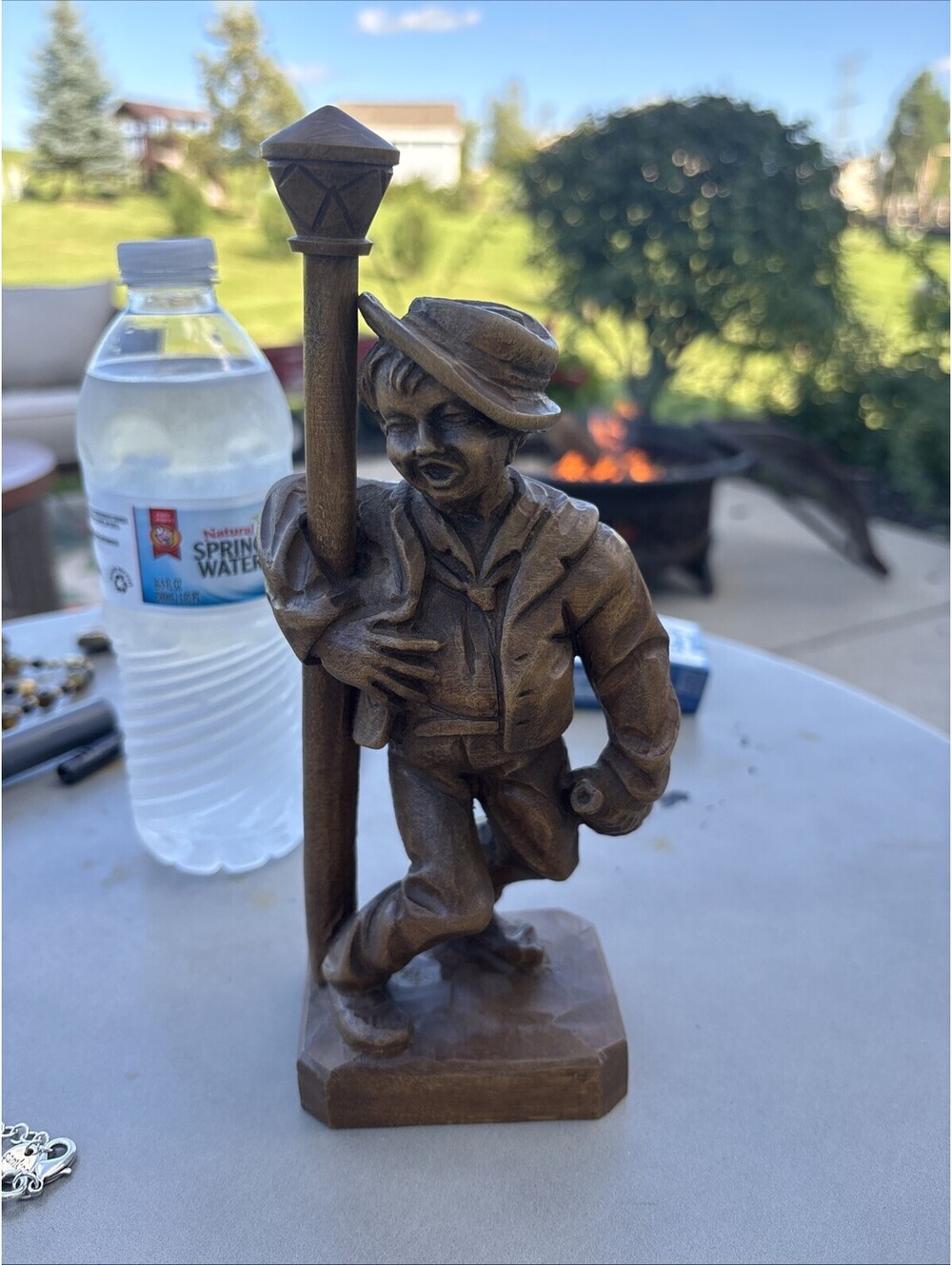 Vintage Hand Carved Wooden Drunk Man On Light Pole Figurine